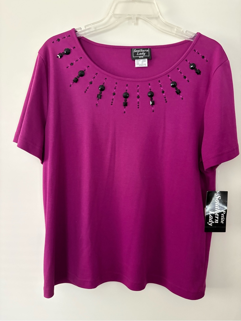 Southern Lady Petite Large Short Sleeve Beaded Knit Top Magenta Embellished New